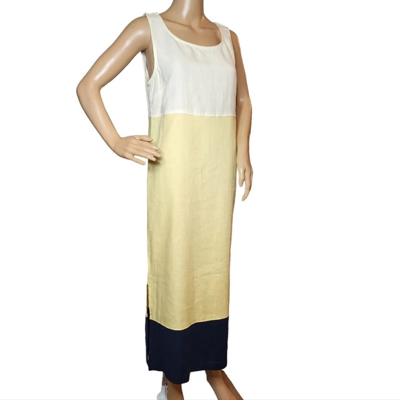 100% Linen Maxi Dress Modern Element Cream Yellow Blue Colorblock Small Petite. - Picture 13 of 16